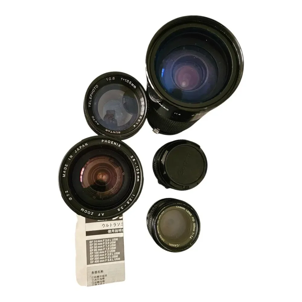 Vintage Camera Lens Lot of 5 Canon FD 50mm f/1.4, FD 50mm f/1.8, Suntar, Phoenix